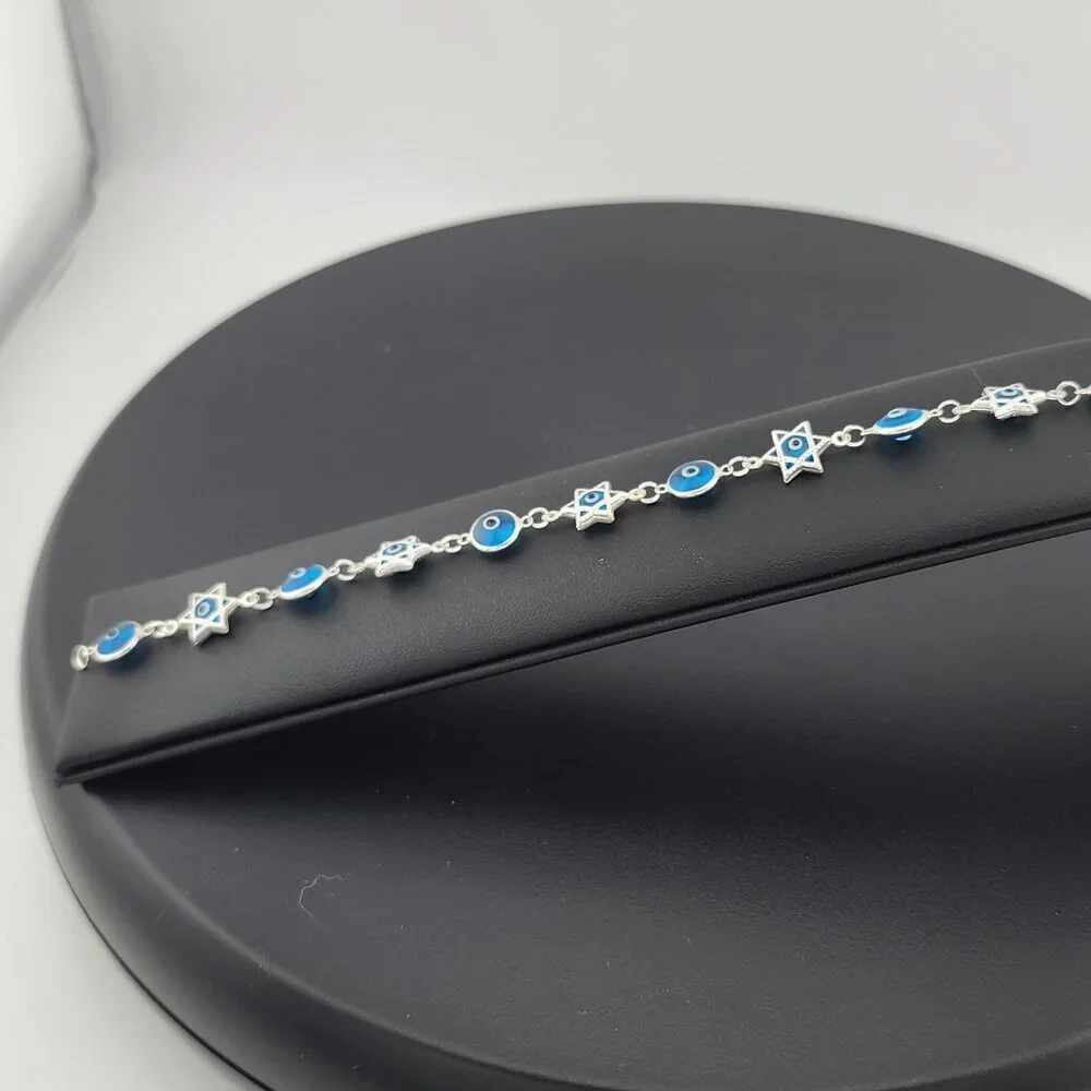 Sterling Silver 925 Multi Round & Star Evil Eye Bracelet – Protection & Style - Picture 9 of 13